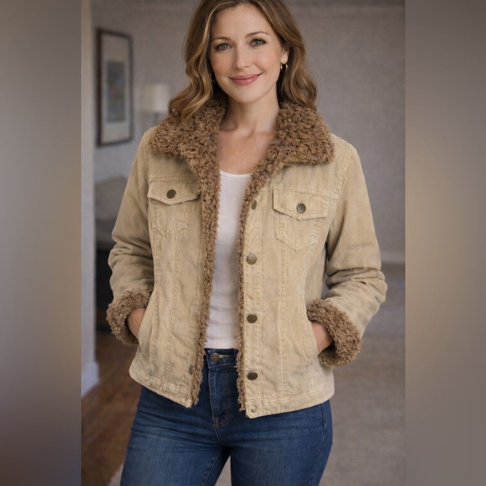 Coldwater Creek Beige Corduroy Jacket with Faux Fur Collar